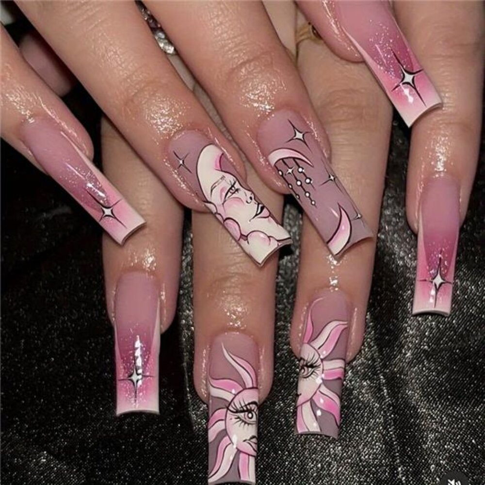 24-Piece Coffin Press On Nails Set Star Moon Sun Design